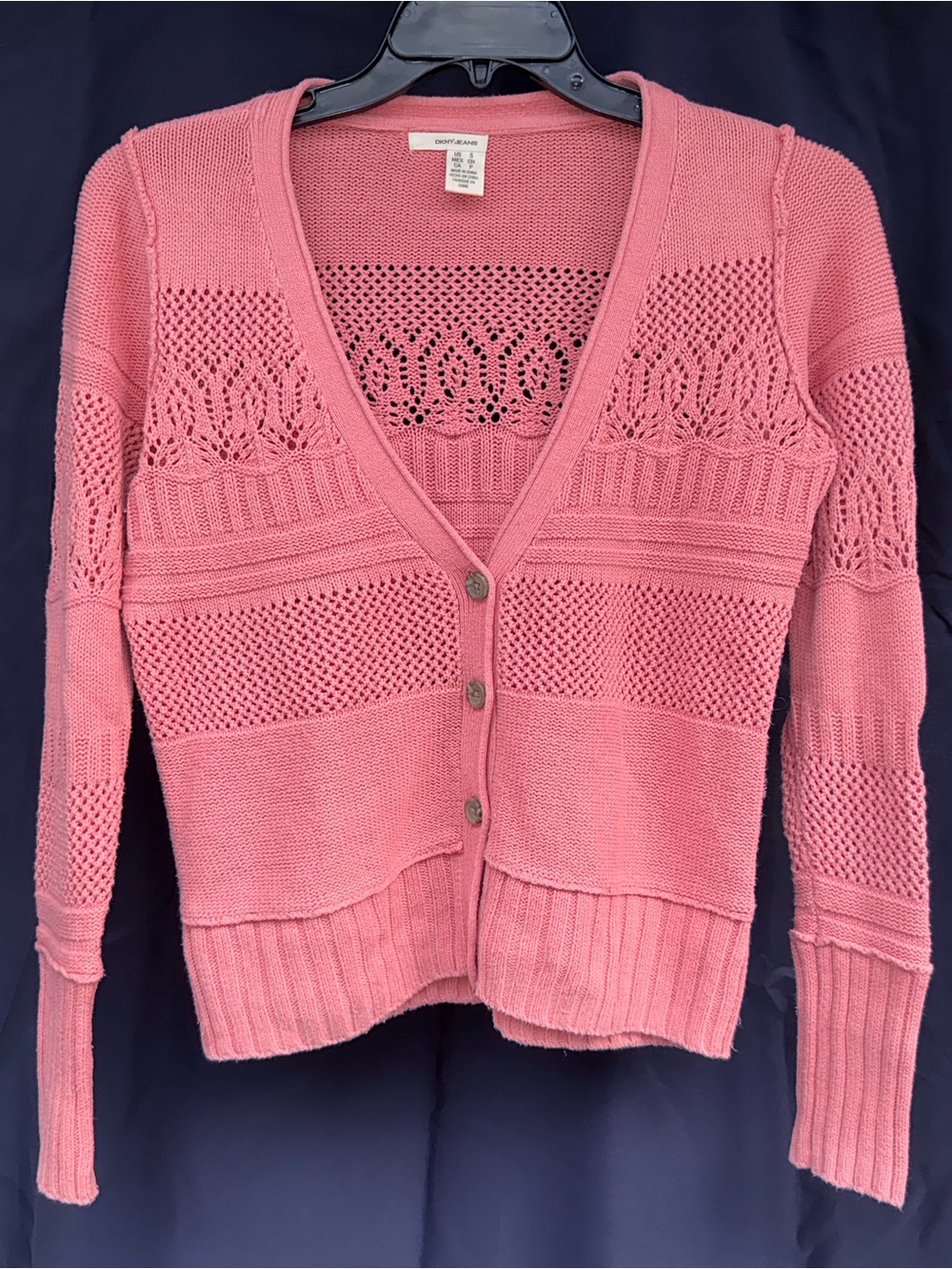 DKNY Pink/Salmon Open Knit V-Neck Button Front Cardigan